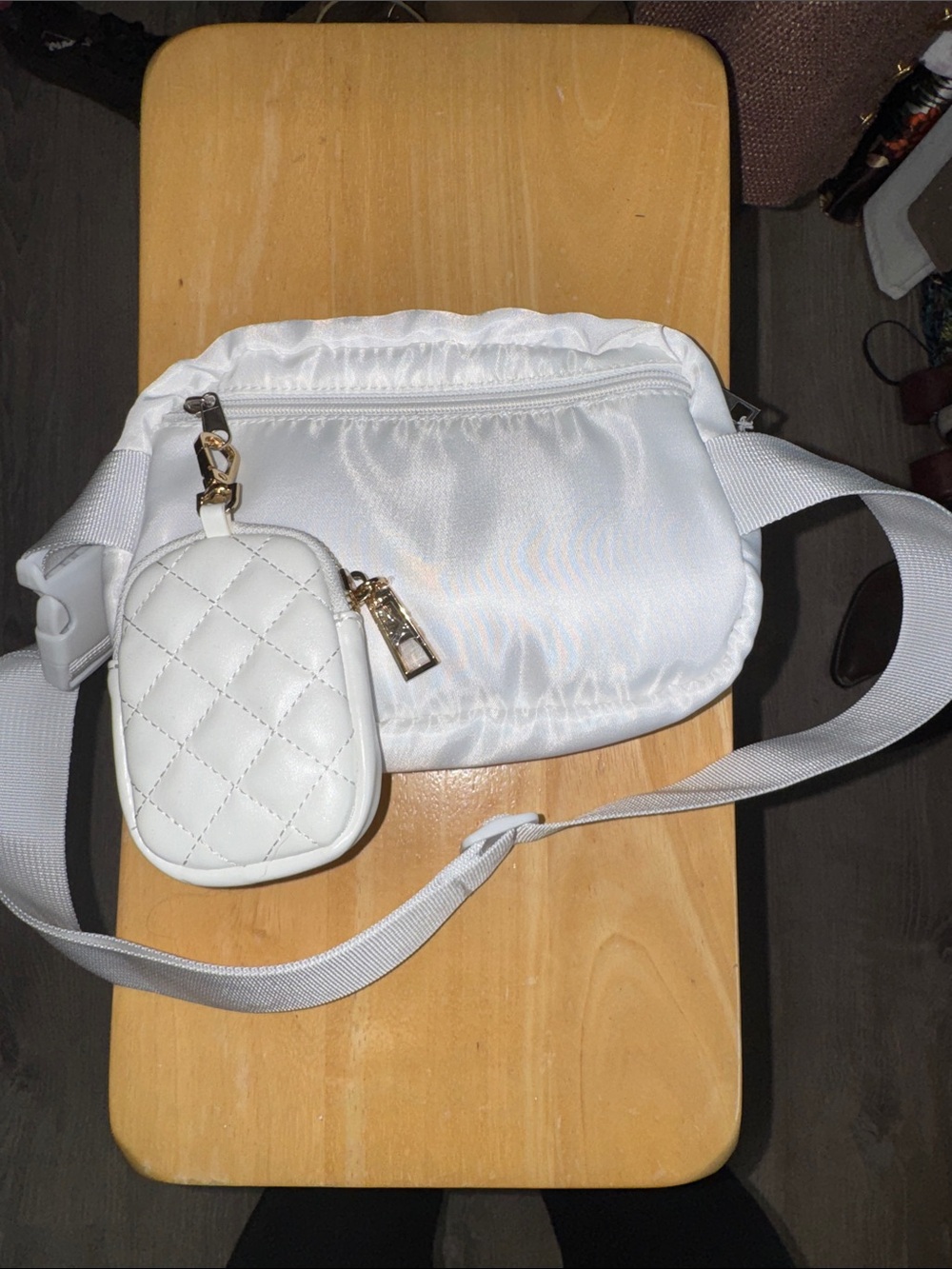 White Quilted Crossbody Belt Bag with Pouch